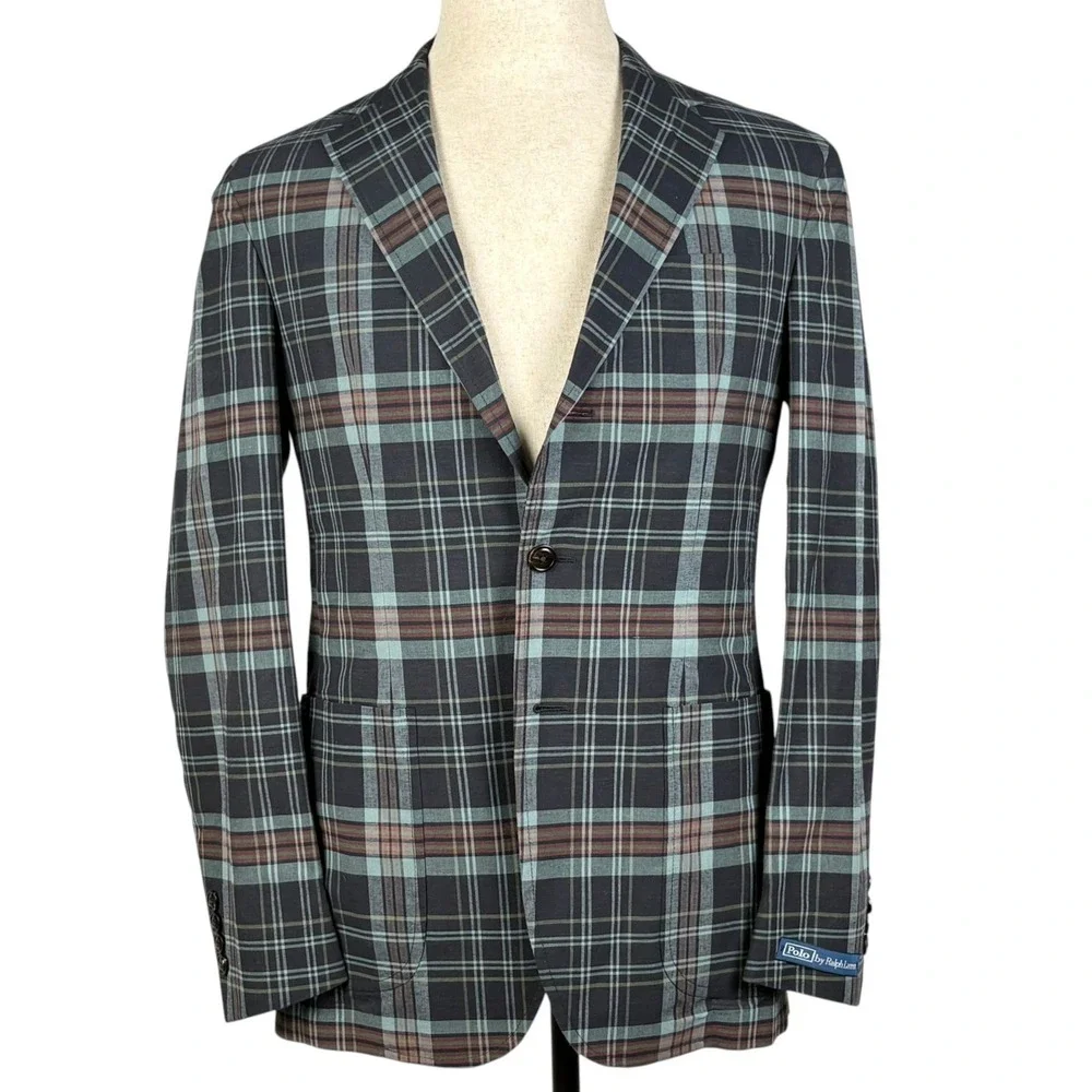 Polo Ralph Lauren Soft Tailored Sport Coat Mens 38R Navy Plaid Suit Jacket NEW